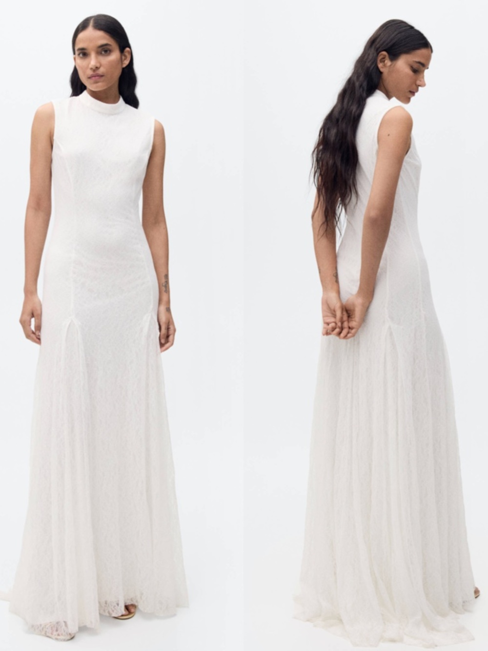 NEW MNG Mango WHITE Floral LACE Pleated HIGH NECK Maxi Dress GOWN US 6